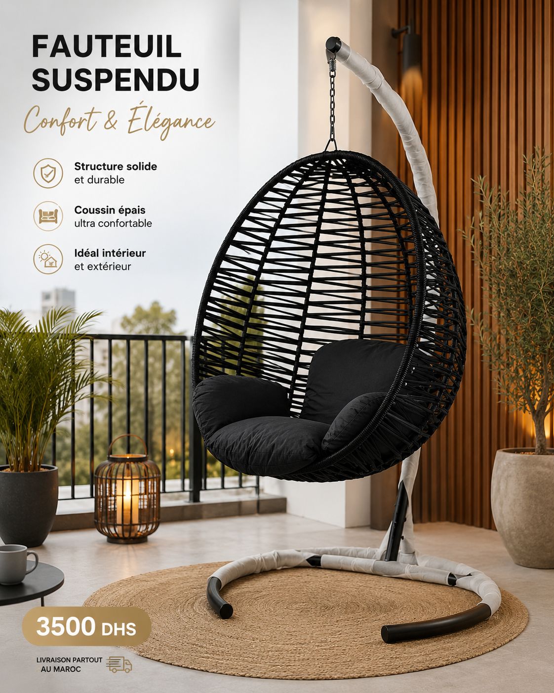 Fauteuil suspendu en fer avec corde tressee